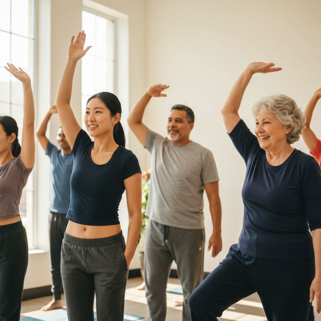 Adults of various ages practicing gentle stretching